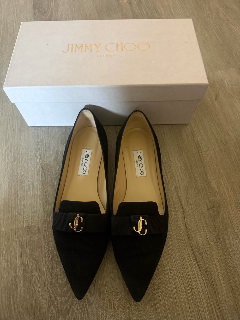 Jimmy Choo Black Pointed-Toe Loafers with Gold JC Hardware